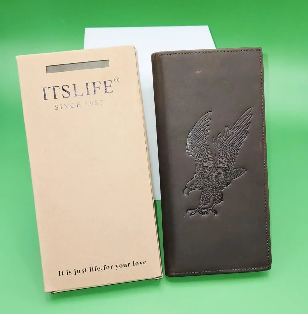 Vintage Brown Leather Long Wallet with Eagle Embossed Design RFID Bifold